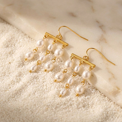 304 Stainless Steel & Plastic Pearl Oval Bead Tassel Chandelier Earrings for Women WGBEBE0-01-1
