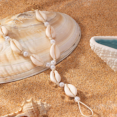 Bohemian Style Natural Cowrie Shell & Plastic Imitation Pearl & Waxed Cord Adjustable Toe Ring Anklets FS-WG74F62-01-1