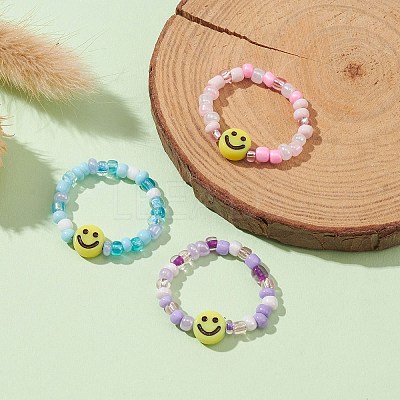 3Pcs 3 Color Glass Seed & Acrylic Smiling Face Beaded Stretch Rings Set RJEW-JR00577-1