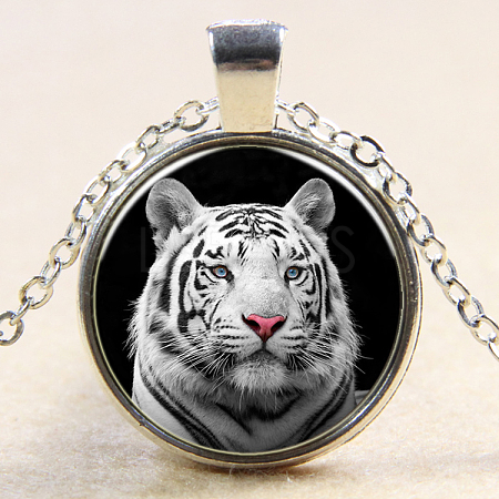 Tiger Head Pattern Flat Round Glass Pendant Necklaces NJEW-N0051-018B-02-1