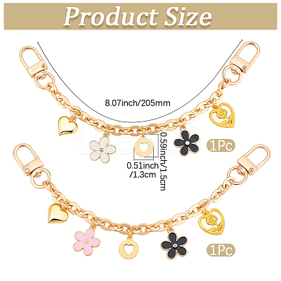 2Pcs 2 Colors Acrylic Heart & Alloy Enamel Pink and White Flower Pendant Alloy Cable Chain Bag Decorative Chains HJEW-BBC0001-35-1