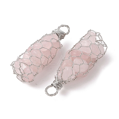 Rack Plating Copper Wire Wrapped Natural Rose Quartz Chip Big Pendants G-C130-01P-06-1