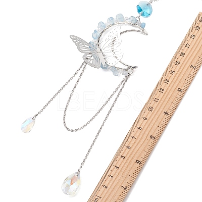 Natural Aquamarine Chips & Brass Moon & 304 Stainless Steel Butterfly Suncatcher HJEW-TA00449-02-1