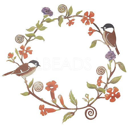 Chickadees & Flowers Wreath Wall Art AJEW-WH0023-29-1