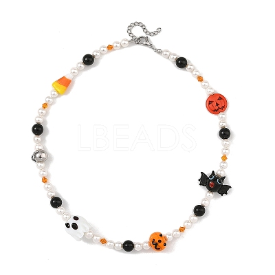 Halloween Handmade Lampwork Bat Ghost Pumpkin and Round Shell Pearl Beaded Necklaces for Women NJEW-TA00277-1