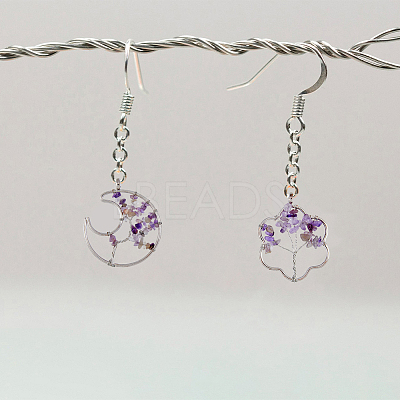 8Pcs 4 Styles Flower & Moon & Oval & Hexagon Natural Amethyst Copper Wire Wrapped Chip Big Pendants G-DC0001-26-1