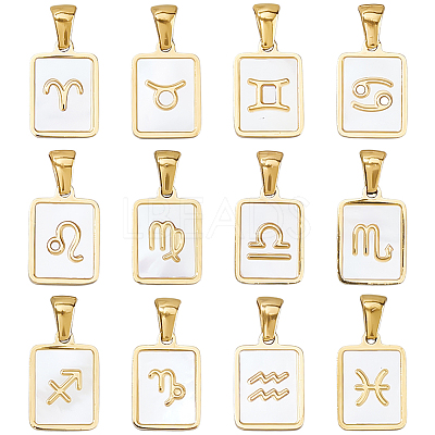 12Pcs 12 Styles Constellations Natural White Shell Pendants STAS-FH0002-55-1