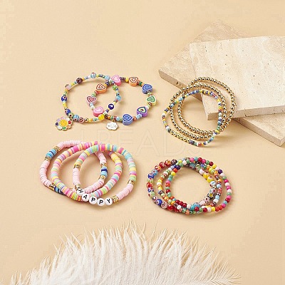 11Pcs 10 Style Synthetic Turquoise(Dyed) & Hematite & Millefiori Glass Stretch Bracelets Set with Word Happy Beaded BJEW-JB08832-1
