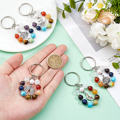 5Pcs 7 Chakra Gemstone Bead Pendant Keychain with Tibetan Style Alloy Charm KEYC-FH00032-1