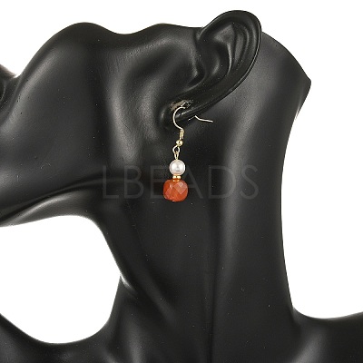 Natural Carnelian with Round Shell Pearl Beads Cube Dangle Earrings EJEW-JE07522-1
