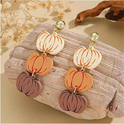 Thanksgiving Day Pumpkin Acrylic Glitter Powder Dangle Stud Earrings FS-WGE72CC-01-1