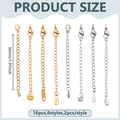 16Pcs 8 Styles 304 Stainless Steel Chain Extender STAS-ME0003-36-1