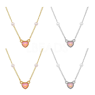 4Pcs 2 Colors Alloy & Resin Pink Heart Pendant Necklaces with Imitation Pearl NJEW-HY0001-12-1
