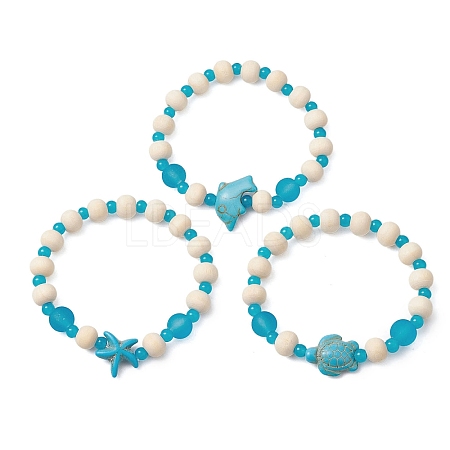 3 Pcs Synthetic Turquoise & Wood & Glass Beaded Stretch Bracelets for Boys Girls BJEW-JB11125-1