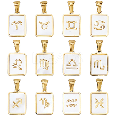12Pcs 12 Styles Constellations Natural White Shell Pendants STAS-FH0002-55-1
