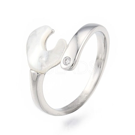 Natural Shell Heart Open Cuff Ring with Clear Cubic Zirconia RJEW-N039-09P-1