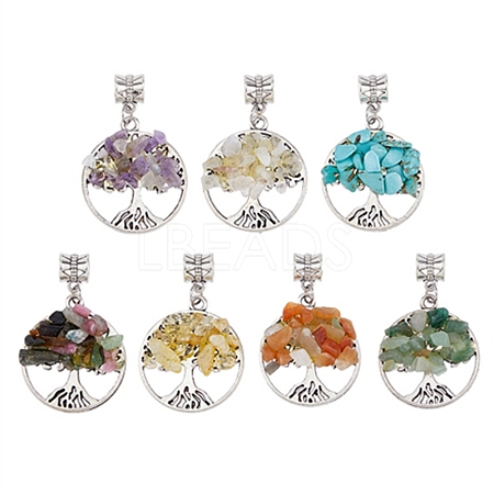 7Pcs 7 Colors Synthetic Turquoise & Natural Green Aventurine & Red Aventurine & Tourmaline & Citrine & Amethyst & Rose Quartz Chip Beaded Alloy Tree of Life European Dangle Charms PALLOY-JF04194-01-1