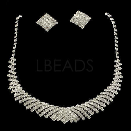 Fashionable Wedding Rhinestone Necklace and Stud Earring Jewelry Sets SJEW-R046-05-1