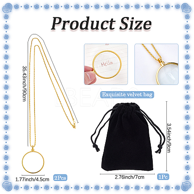 2Pcs Flat Round 5X Magnifying Glass Pendant Necklaces NJEW-SP0001-03G-1