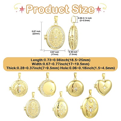 7Pcs 7 Styles Brass Micro Pave Clear Cubic Zirconia Locket Pendants KK-CJ0005-71-1