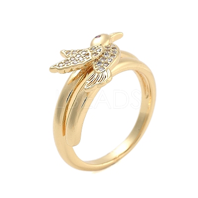 Brass Micro Pave Cubic Zirconia Bird Open Cuff Rings Set for Women RJEW-U002-11G-1