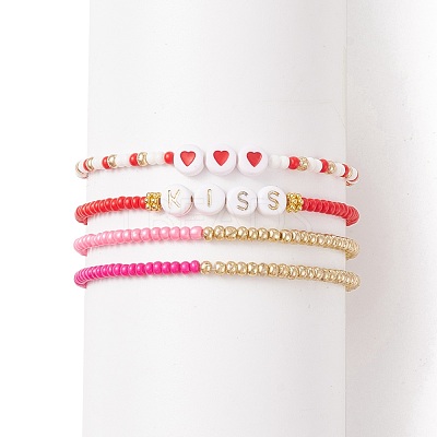 4Pcs 4 Style Heart & Word Kiss Plastic Beaded Stretch Bracelets Set BJEW-JB08699-1