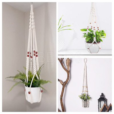 2Pcs Handmade Macrame Polyester with Wood Bead Plant Hanger AJEW-HS0001-46-1
