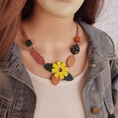 Wooden Flower Leaf Pendant Imitation Leather Cord Necklaces for Women WG4EF74-01-1