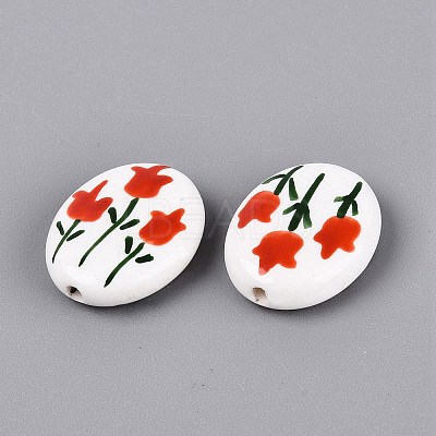 Hand Painted Tulip Flower Oval Porcelain Beads PORC-N012-11A-1