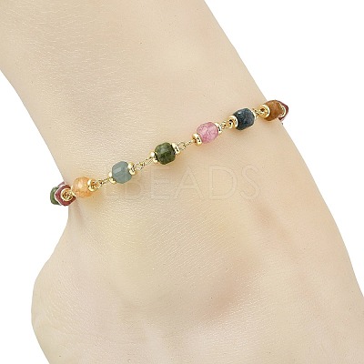 Natural Multicolor Tourmaline Faceted Cube Beaded Chain Anklets AJEW-AN00875-1