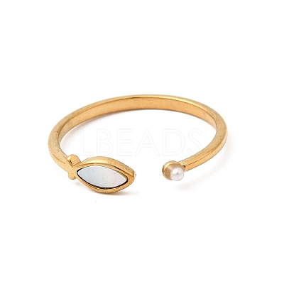 304 Stainless Steel & Natural Shell & Imitation Pearl Cuff Rings for Women RJEW-G372-01G-06-1