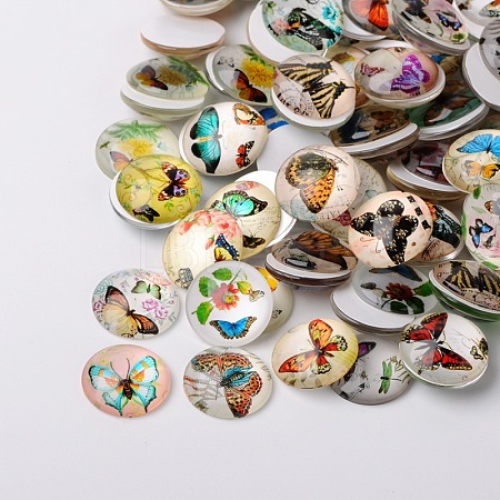 Butterfly Printed Glass Half Round/Dome Cabochons GGLA-N004-14mm-C-1