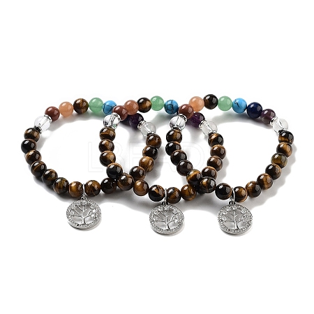 Natural Tiger Eye Round Beaded Chakra Stretch Bracelets BJEW-K251-01E-1