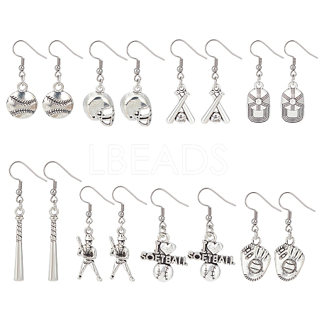 ANATTASOUL 8 Pairs 8 Style Softball Sport Theme Alloy Dangle Earrings EJEW-AN0003-21-1