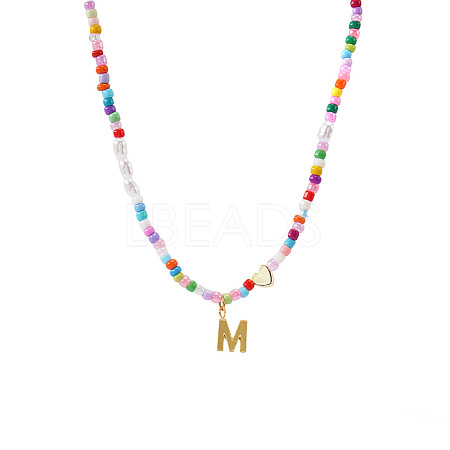 Colorful Beaded Heart Letter Necklace with Pearl Elements Stainless Steel Pendant Jewelry TR2146-13-1