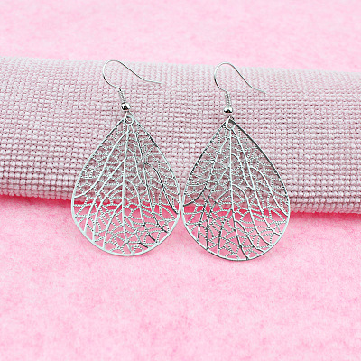 Teardrop with Hollow Leaf Pattern Brass Dangle Earrings FS-WG94C34-01-1