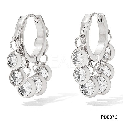 304 Stainless Steel Cubic Zirconia Flat Round Tassel Chandelier Earrings FS-WG9F9FA-04-1