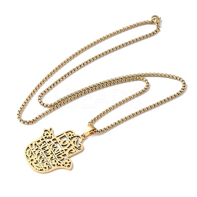 201 Stainless Steel Hollow Cut Hamsa Hand Pendant Necklaces NJEW-H065-07G-1
