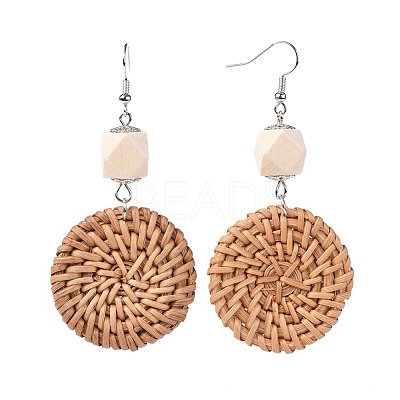 Handmade Reed Cane/Rattan Woven Beads Dangle Earrings EJEW-JE03017-01-1