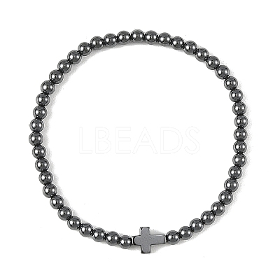 Synthetic Non-magnetic Hematite Round and Religion Cross Beaded Stretch Bracelets for Men BJEW-JB14406-02-1