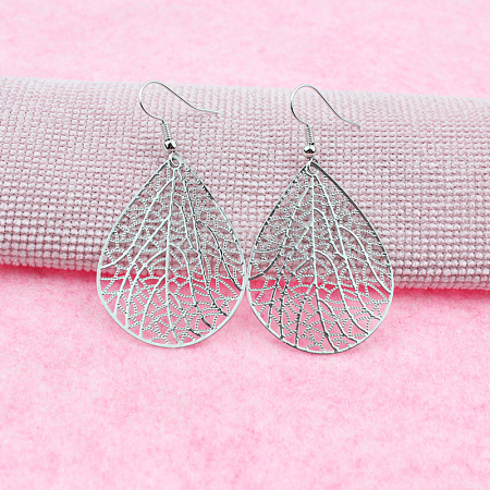 Teardrop with Hollow Leaf Pattern Brass Dangle Earrings FS-WG94C34-01-1