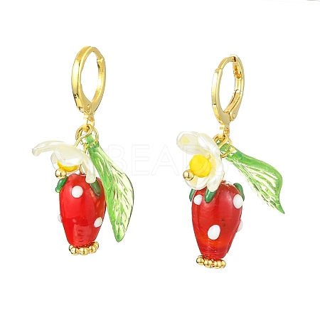 Lampwork Strawberry with Plastic Pearl Flower Dangle Leverback Earring X-EJEW-TA00130-1