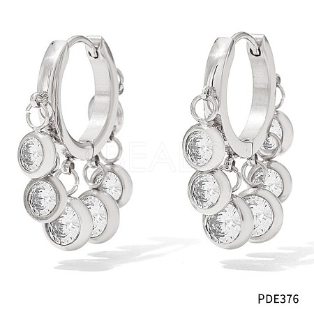 304 Stainless Steel Cubic Zirconia Flat Round Tassel Chandelier Earrings FS-WG9F9FA-04-1