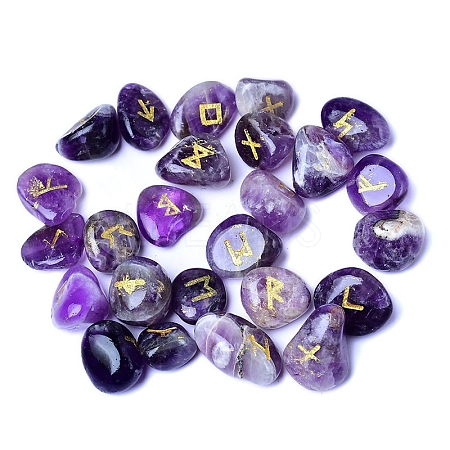 25Pcs Natural Amethyst Viking Runes Engraved Stone PW-WG1414A-01-1