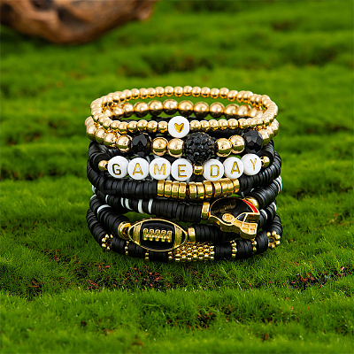 8Pcs 1Bag Rugby Polymer Clay Heishi & CCB Plastic Beaded Stretch Bracelets Set BJEW-PA0001-12E-1