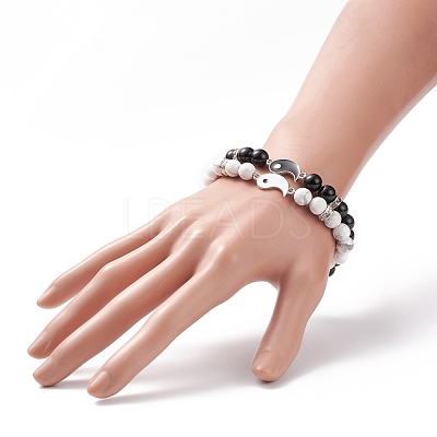 2Pcs 2 Style Natural Dyed & Heated Black Agate & Howlite Beaded Stretch Bracelets Set BJEW-TA00163-1