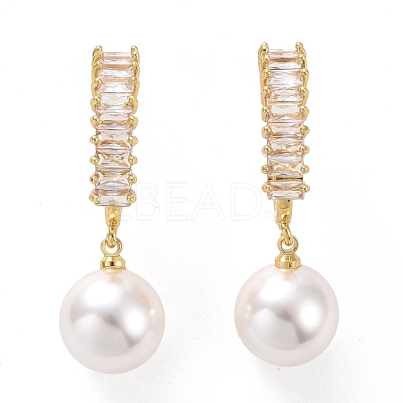 Clear Cubic Zirconia C-shape with Plastic Pearl Dangle Stud Earrings EJEW-A072-10LG-A-1