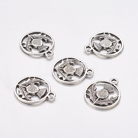 Tibetan Style Alloy Flat Round with Flower Scotland Thistle Pendants X-TIBEP-24054-AS-FF-1