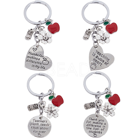 Gorgecraft 4Pcs 4 Style Teachers' Day Flat Round & Heart with Word Keychain KEYC-GF0001-10-1