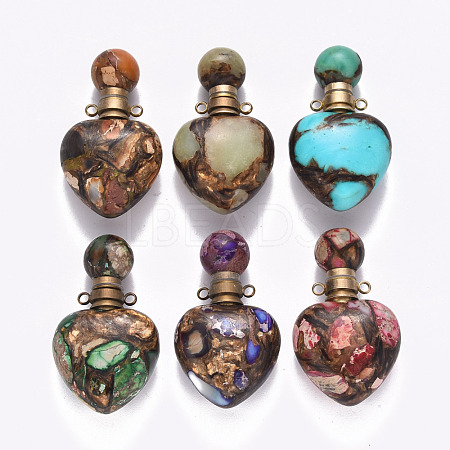Heart Assembled Natural & Synthetic Mixed Gemstone Openable Perfume Bottle Pendants G-R484-01-1